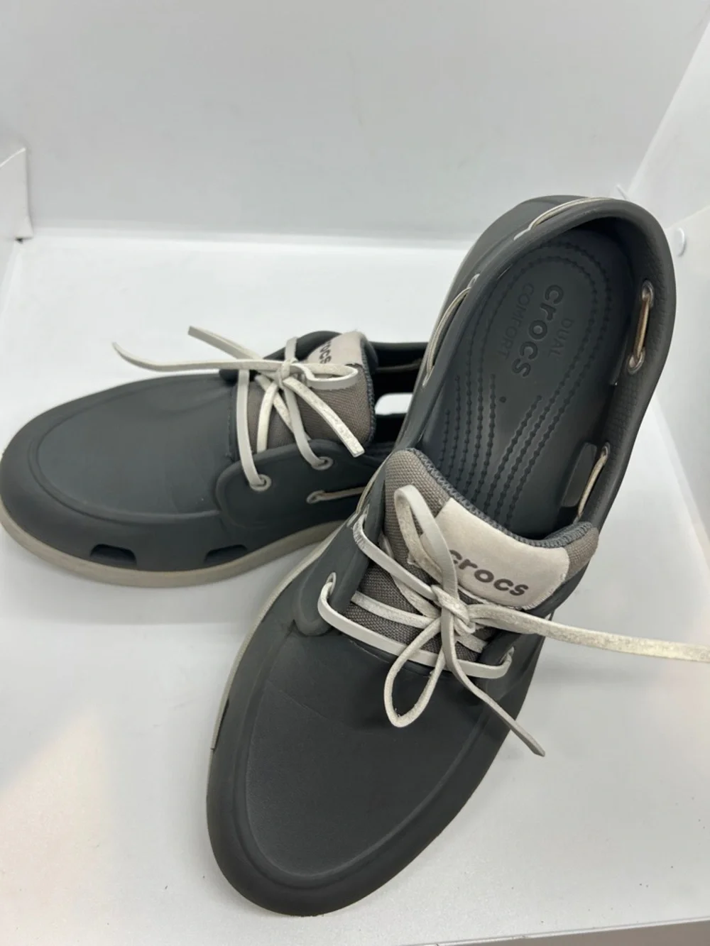 Crocs Classic Boat Shoe Mens Slate Grey White Nautical Deck Shoes Outdoor Sz 11
